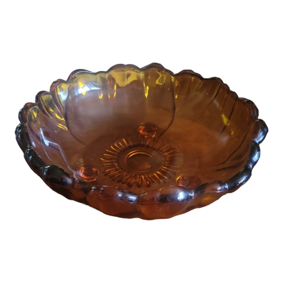 Vtg 60's Amber Glass Scalloped Footed Bowl Sunflower Colony by Indiana Glass Co - Picture 4 of 5